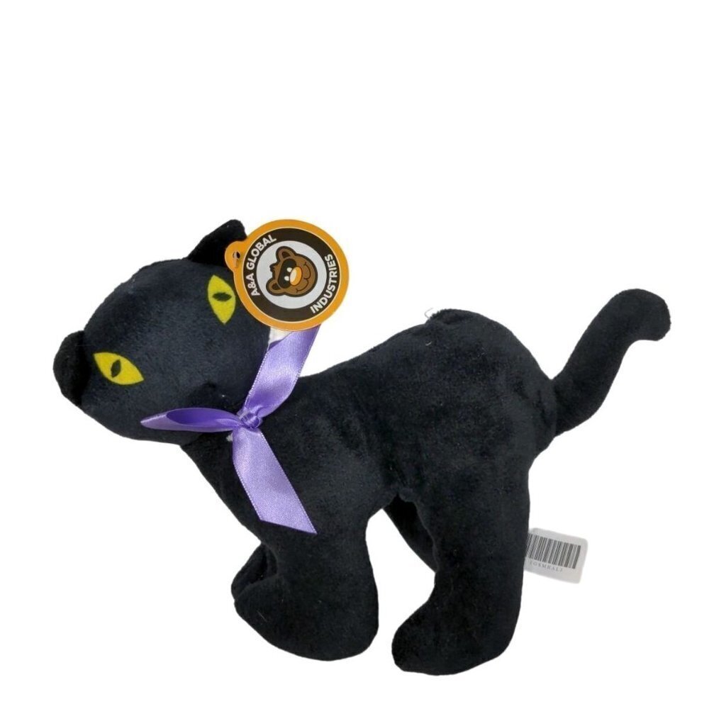 A&A Global Black Cat Plush Halloween Purple Bow 9.75 Inch